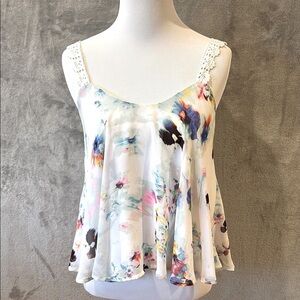 White Floral Flowy Boho Tank w Crochet Straps Sz S Festival Fairy Cottagecore